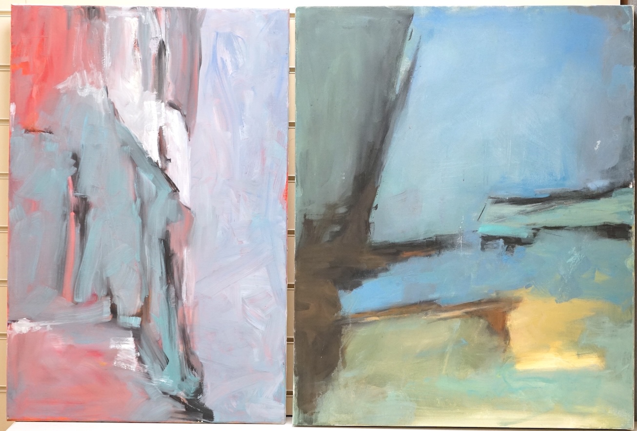 Billie Newey (Contemporary), two abstract compositions, unsigned, unframed, oils on canvas, largest 61 x 76cm